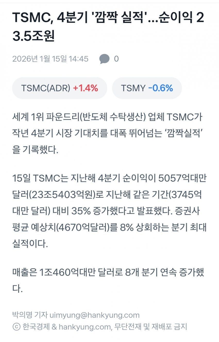 블라인드 | 주식·투자: TSMC 4분기 순이익 23.5조원