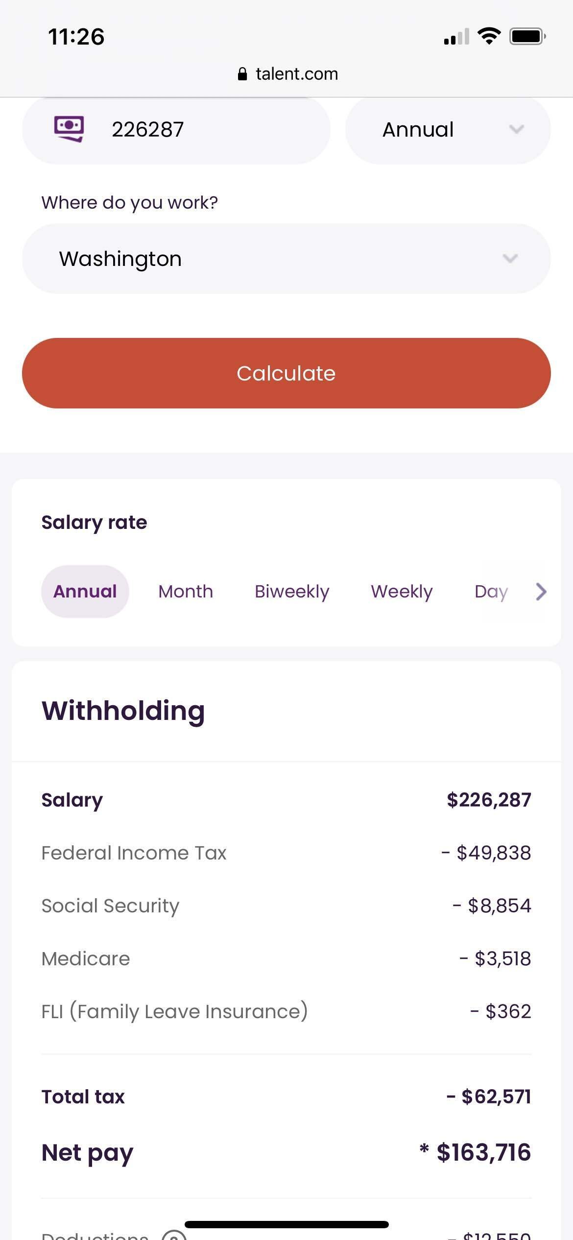 Here is how $226k salary is paid out based on state