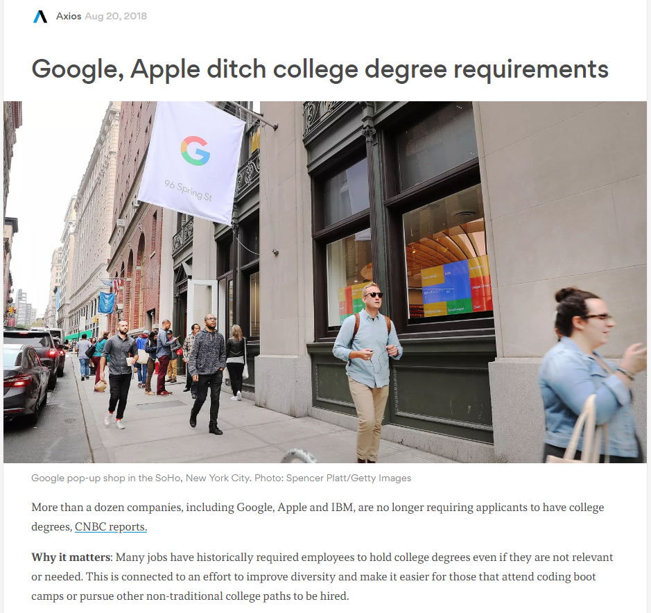 Google, Apple ditching college degree requirements