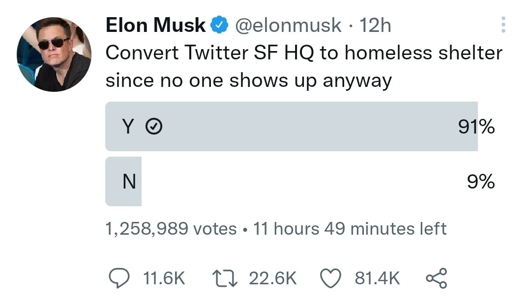 Twitter HQ will be homeless shelter soon. May be permanent WFH 😂😂