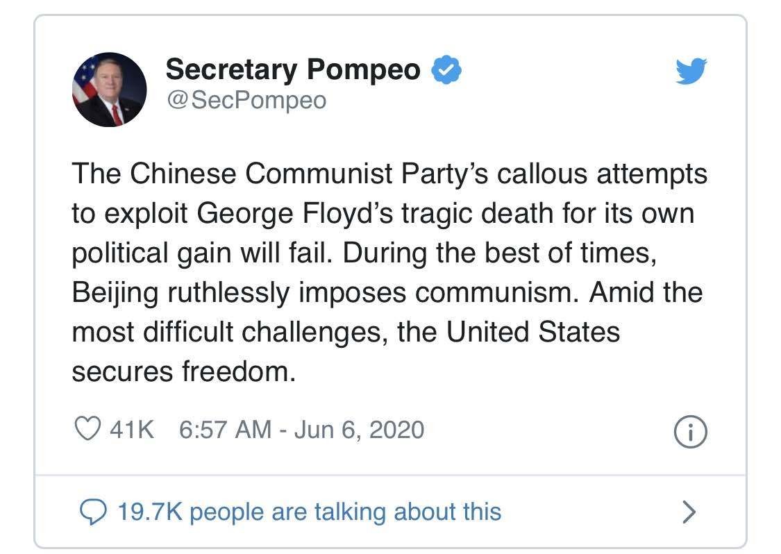 Secretary of State Pompeo blames China for the protests sparked by