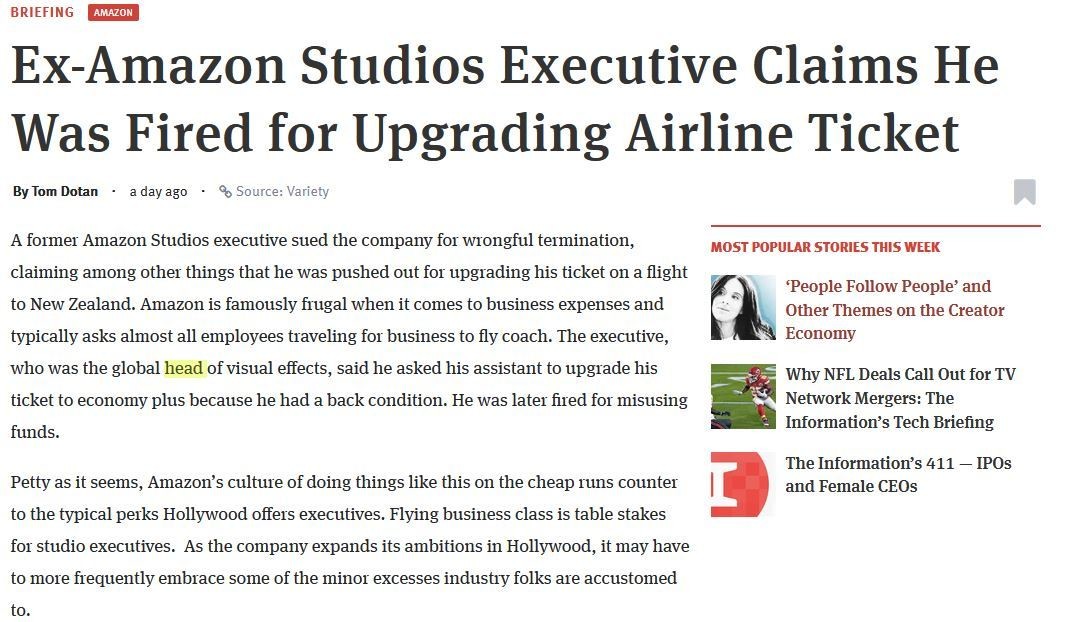 Ex-Amazon Studios Executive Claims He Was Fired for Upgrading Airline Ticket