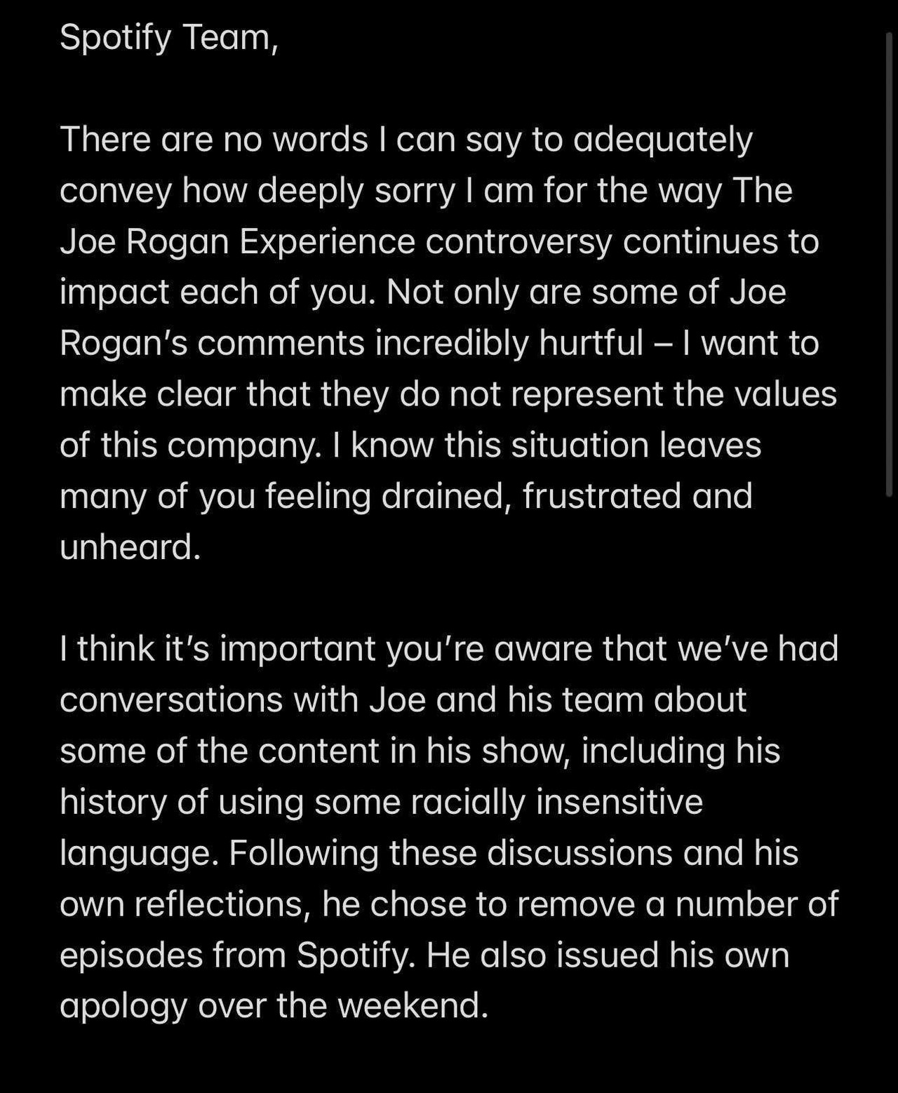 Spotify CEO’s email about Joe Rogan to employees 