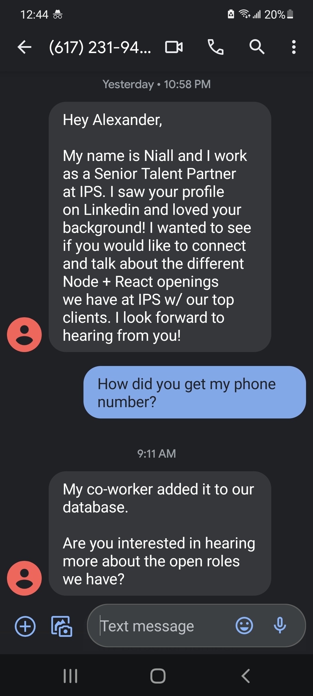 Recruiter spam texted me