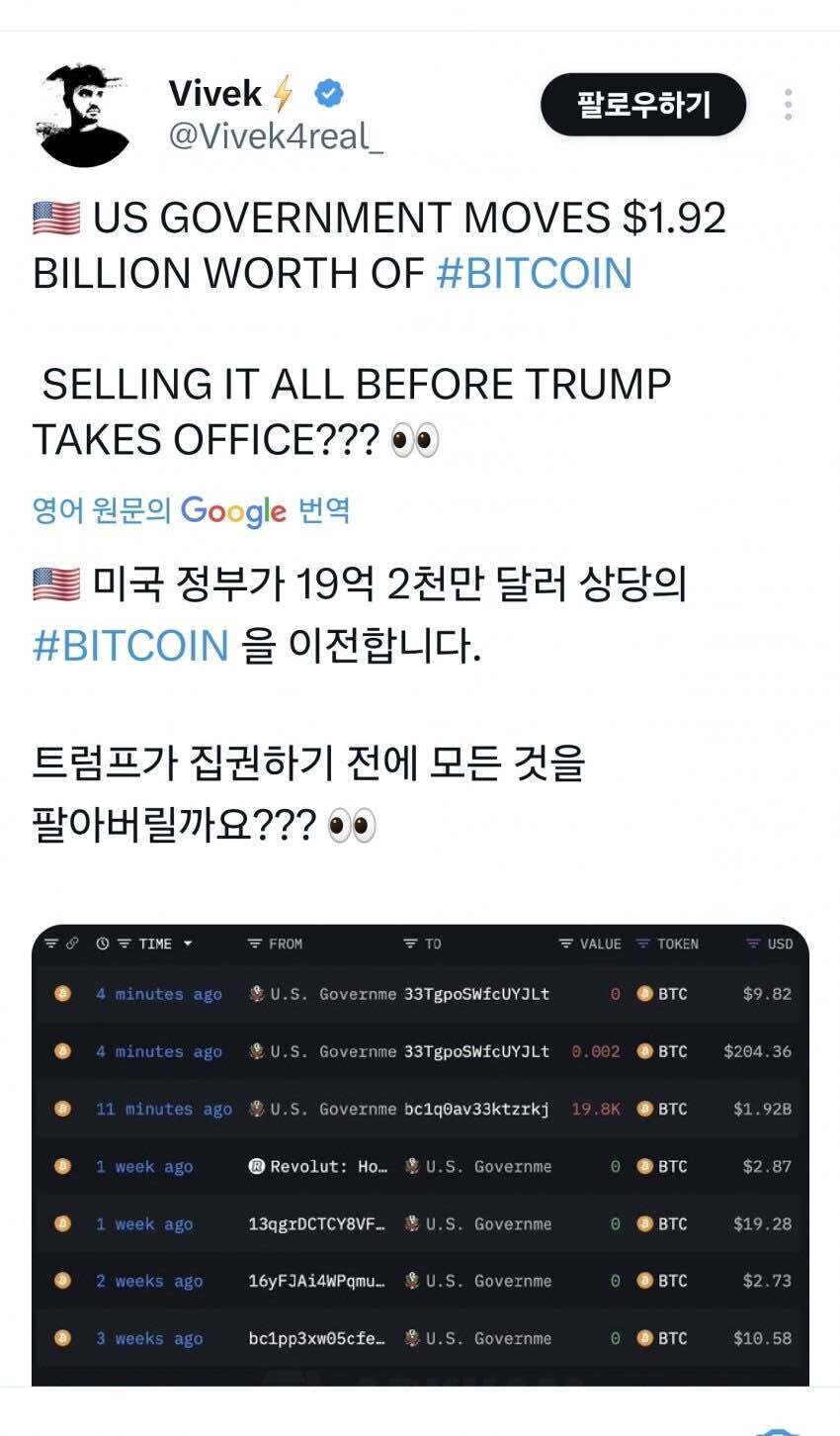 블라인드 | 암호화폐: 미국정부 비트코인 전량 매도