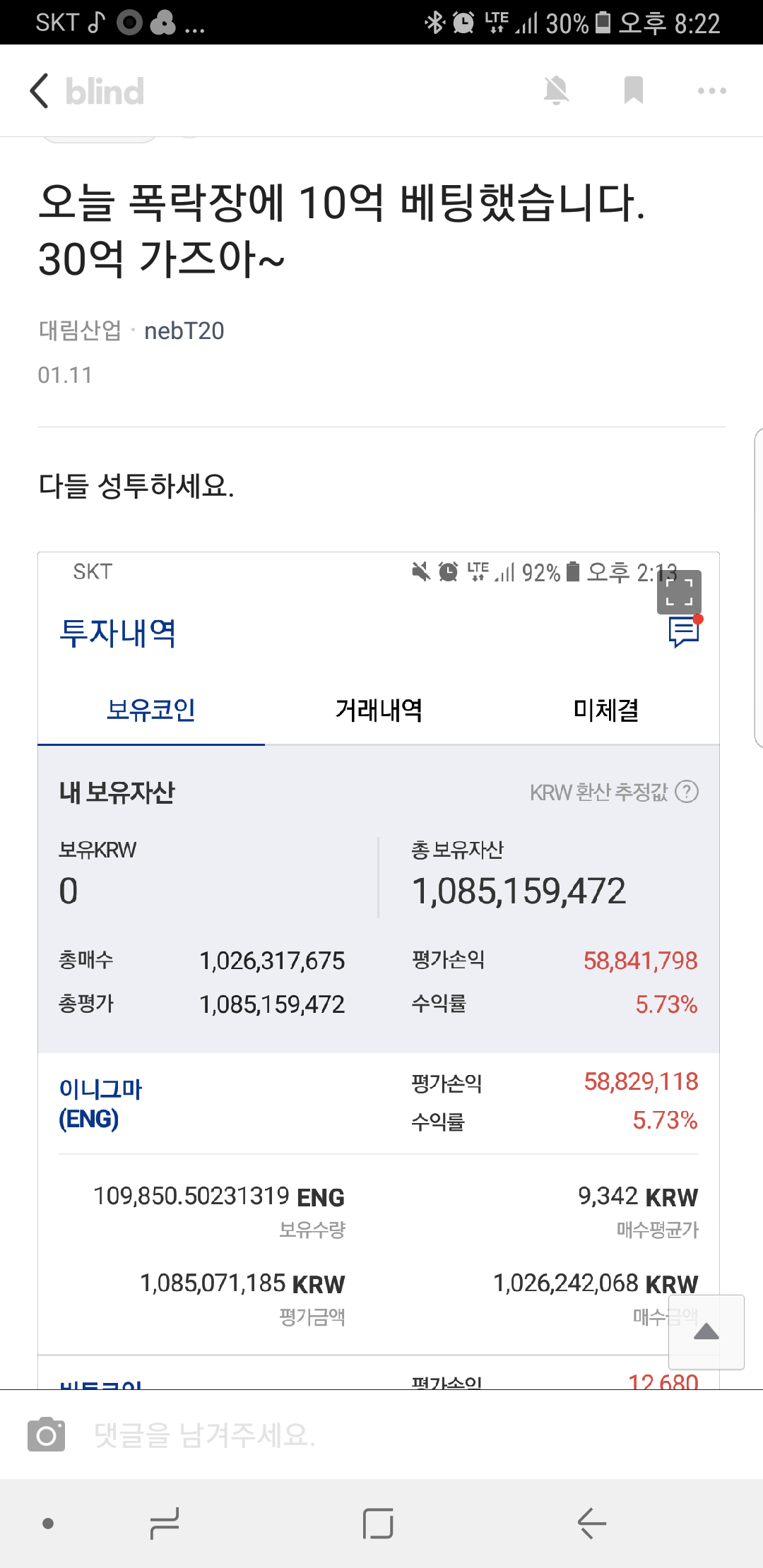 블라인드 | 암호화폐: 이니그마에 10억 묻고 업비트 지우고 존버한다던 대림형