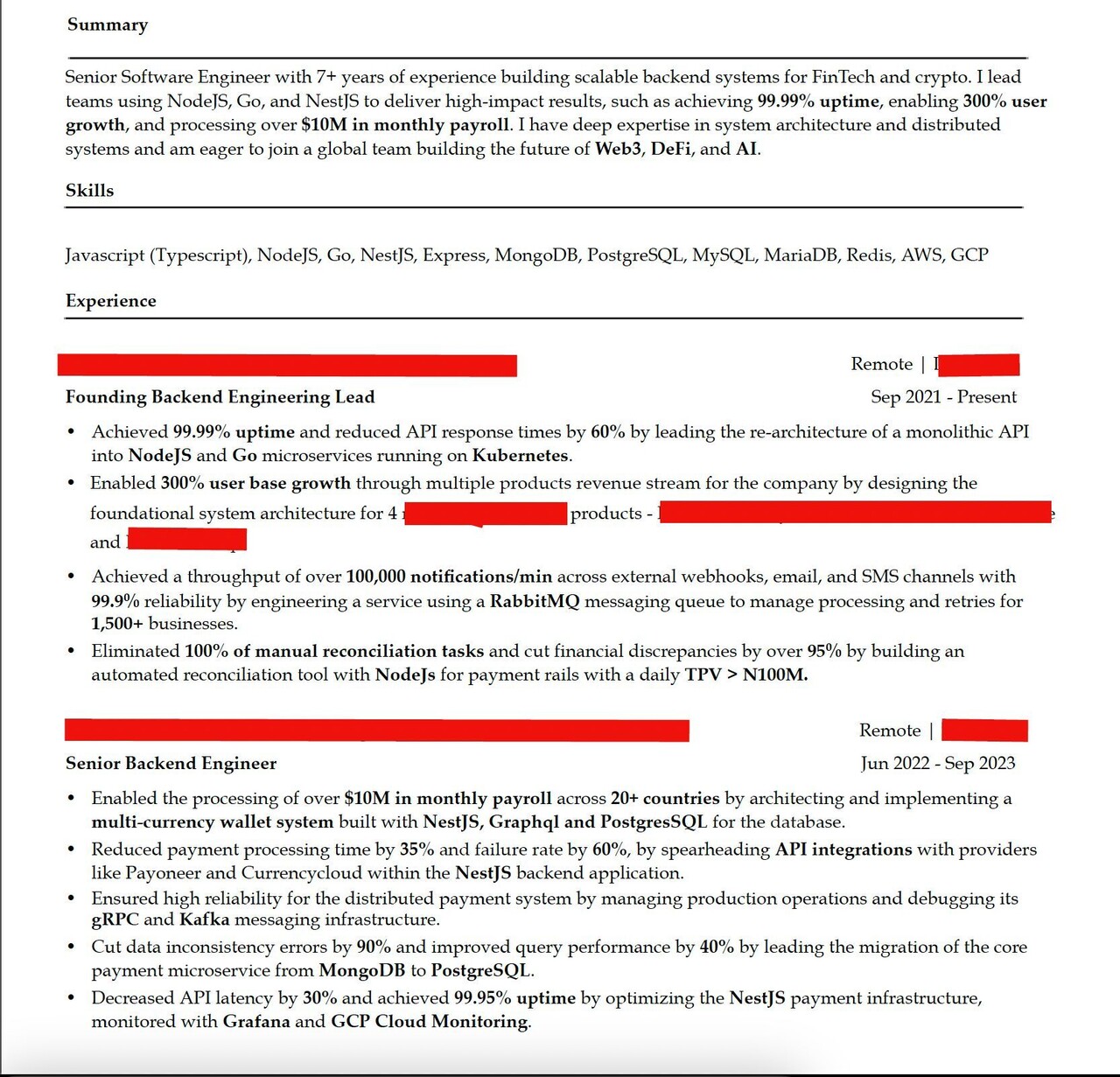 Resume Review for Senior Software Engineer (NodeJS & Go) | Resume ...