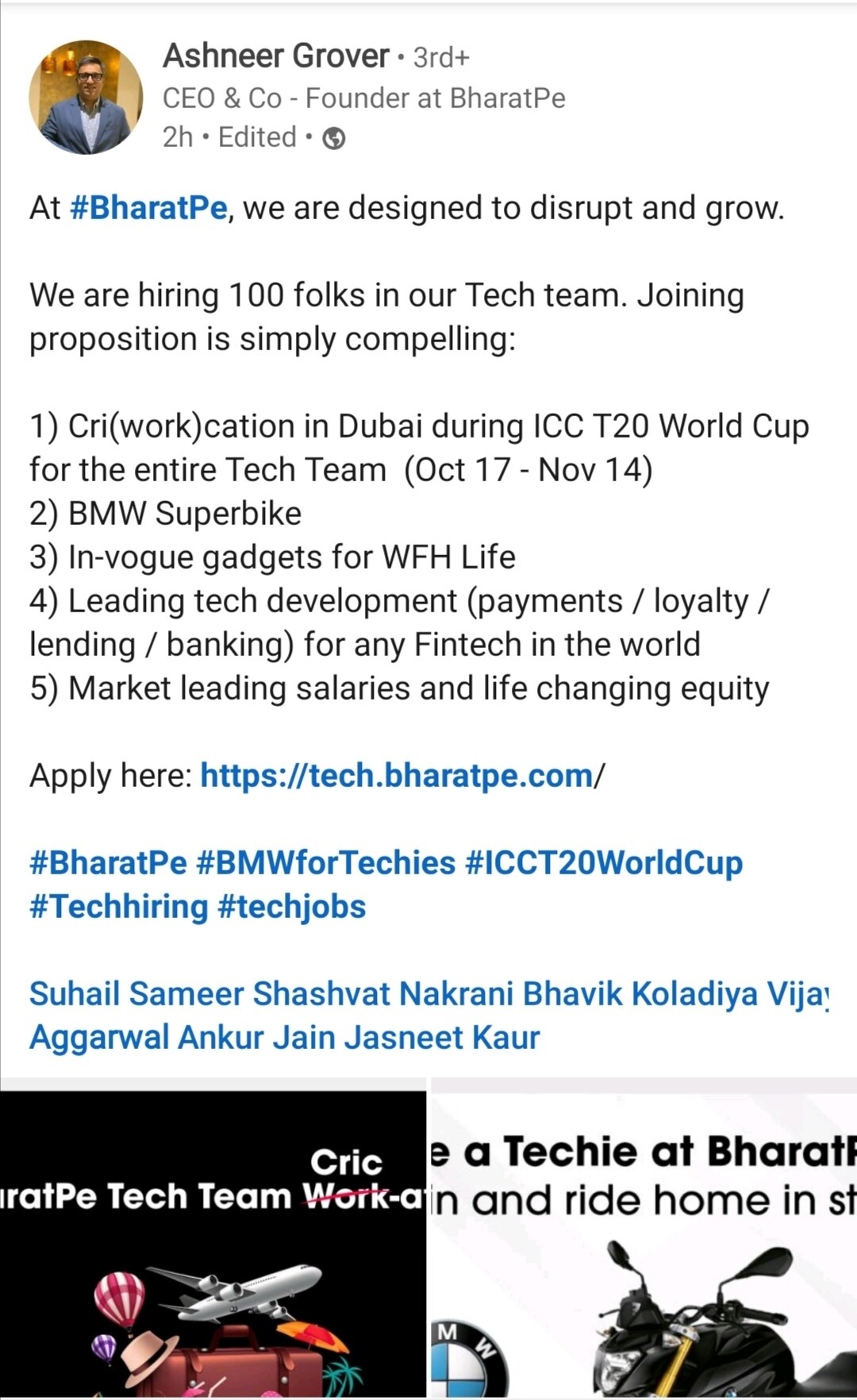 BharatPe giving BMW bike to tech team.