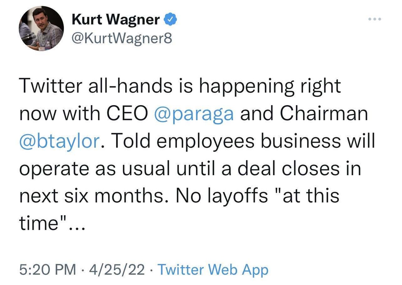 Twitter all-hands: No layoffs “at this time”…