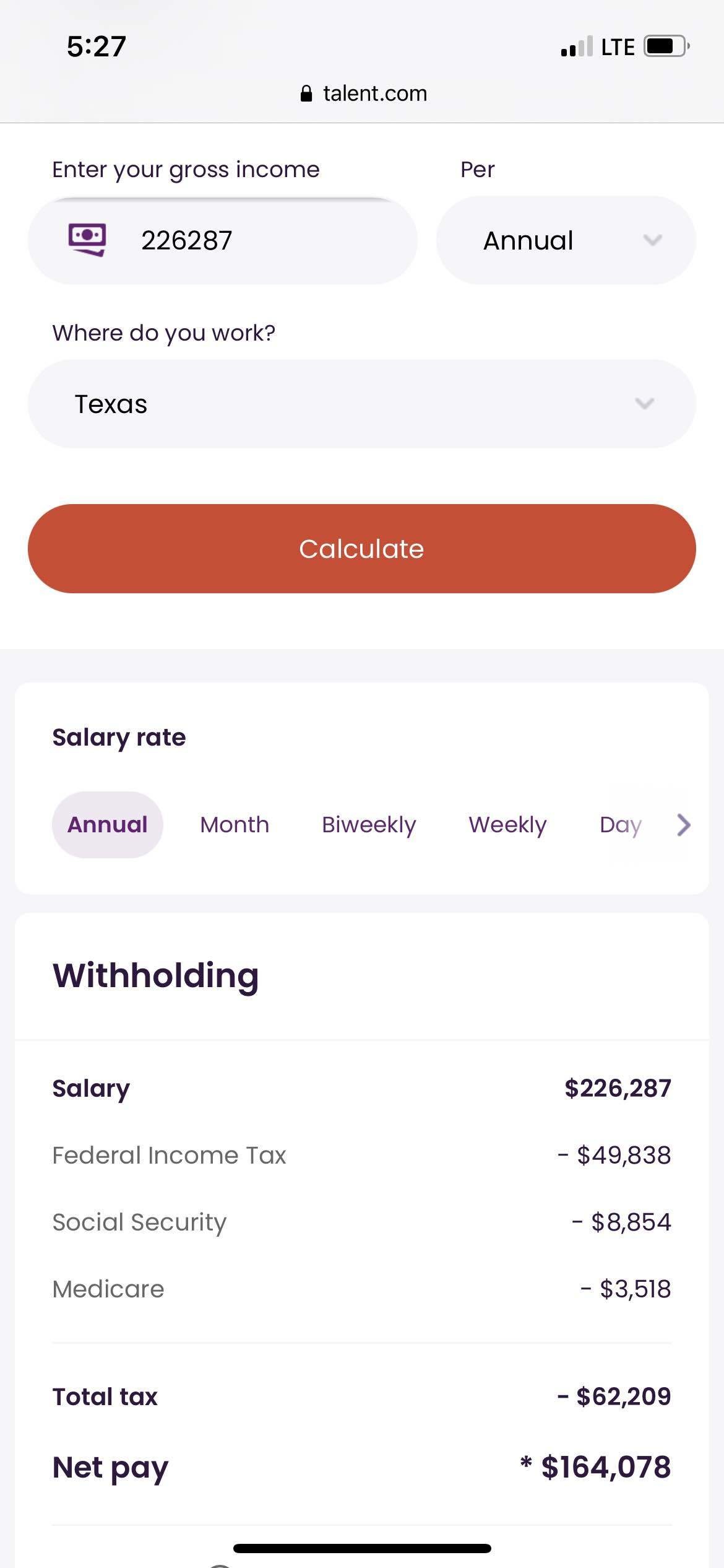 Here is how $226k salary is paid out based on state