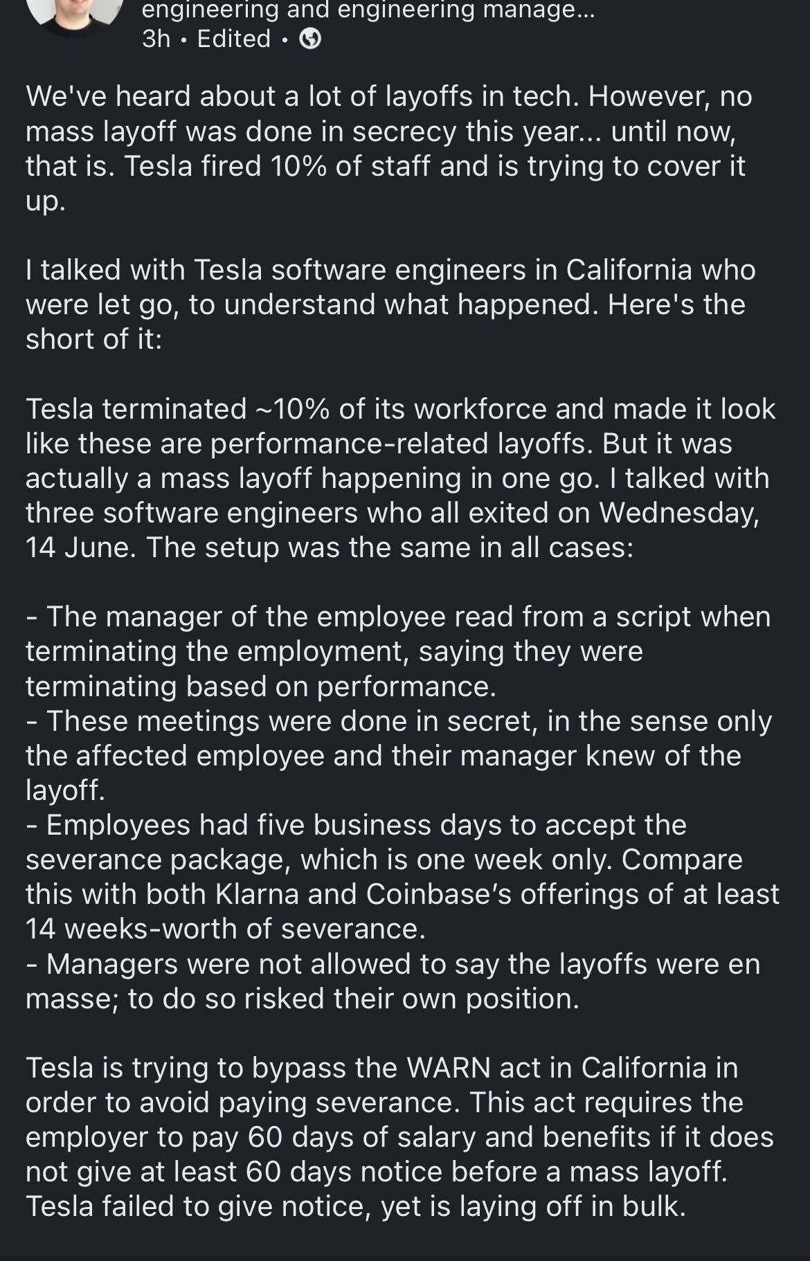 Tesla Layoffs- LinkedIn post - Blind