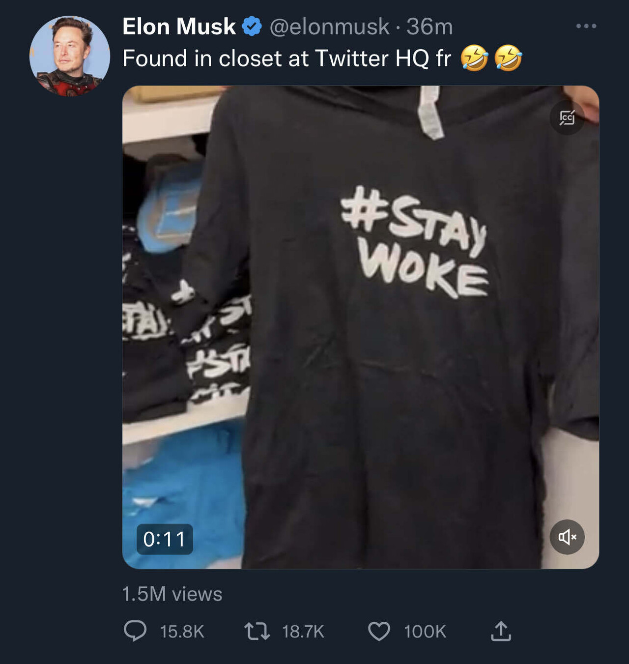 Elon video showing “closet full of #stayWoke T shirts” in Twitter