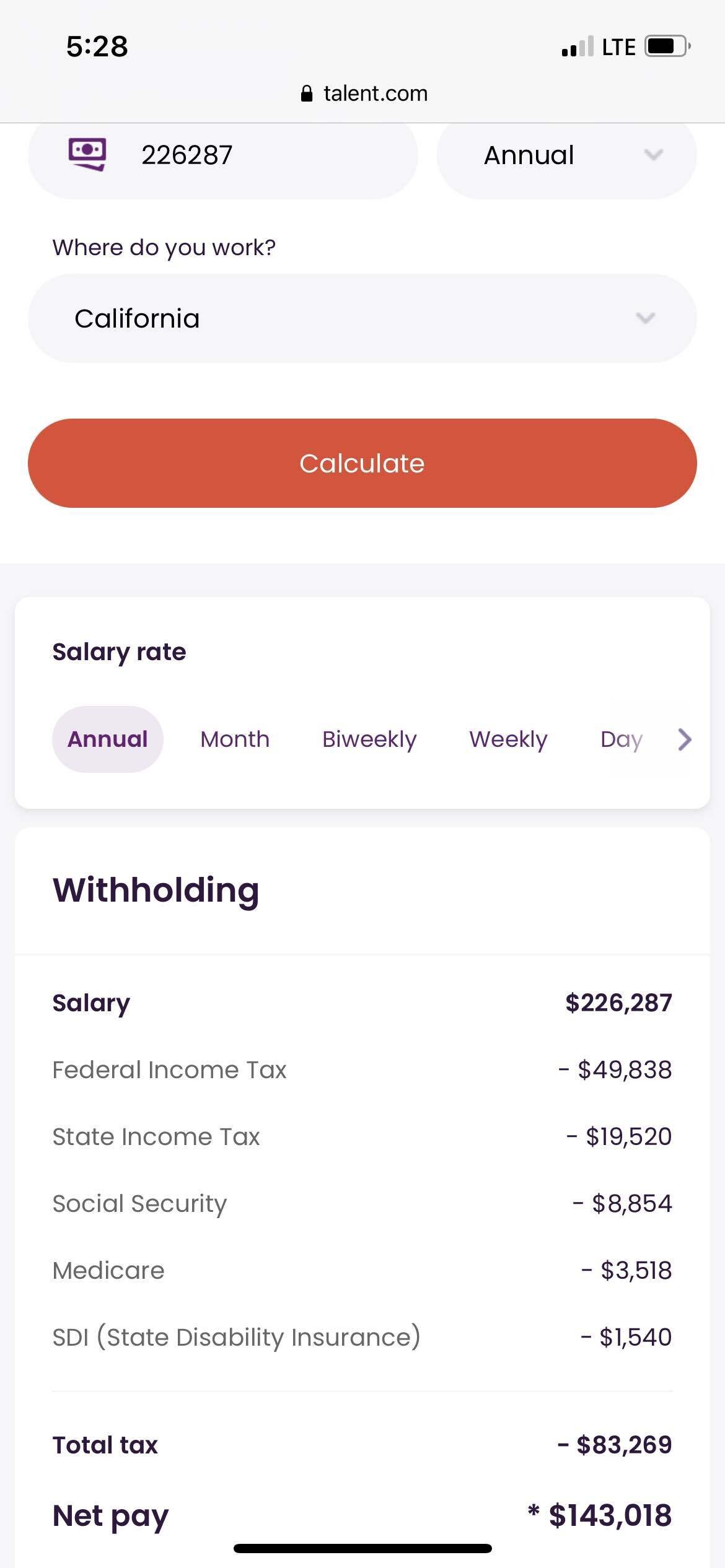 Here is how $226k salary is paid out based on state