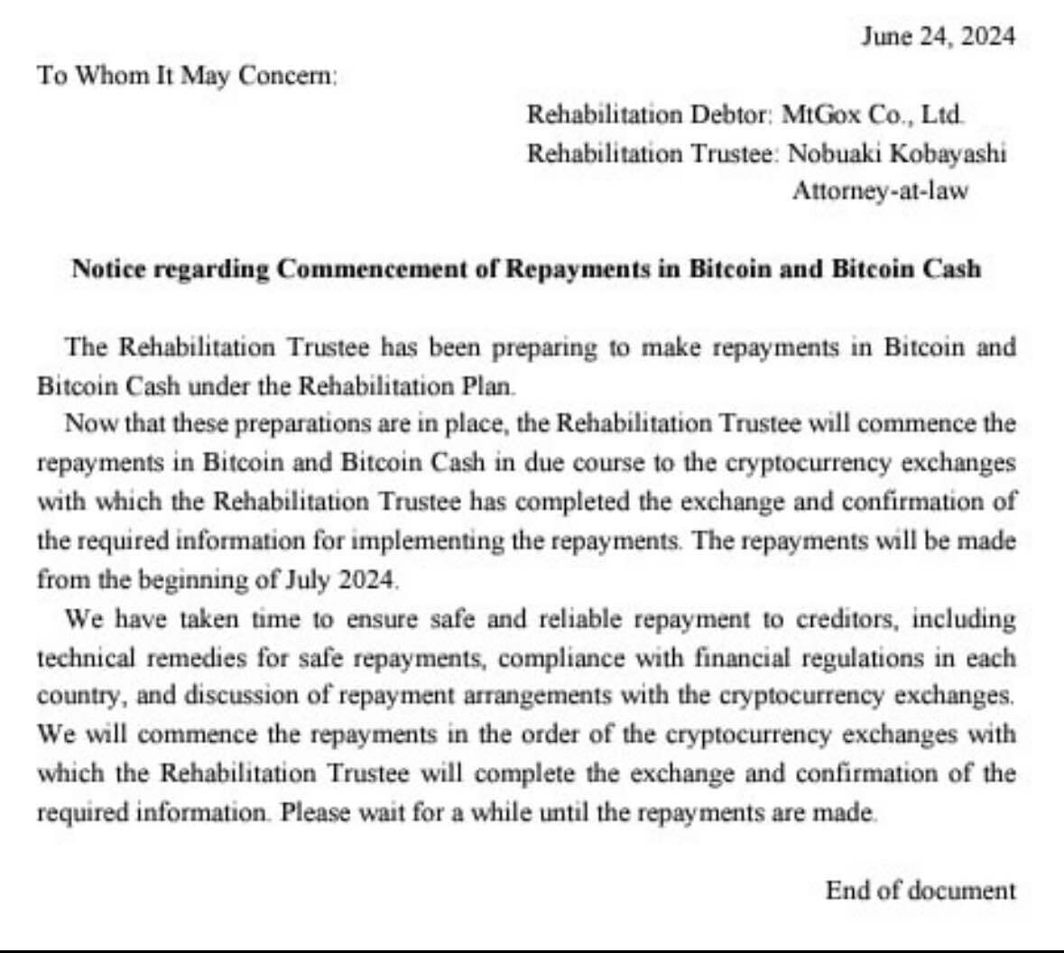 블라인드 | 암호화폐: 마운트곡스, 24년 7월 공식 상환 시작