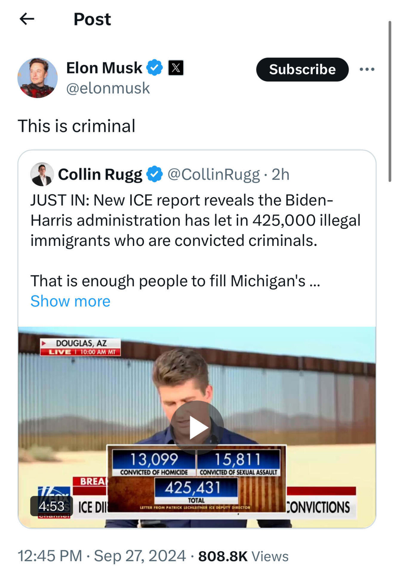 Breaking Kamala let in 425,000 illegals who are convicted criminals