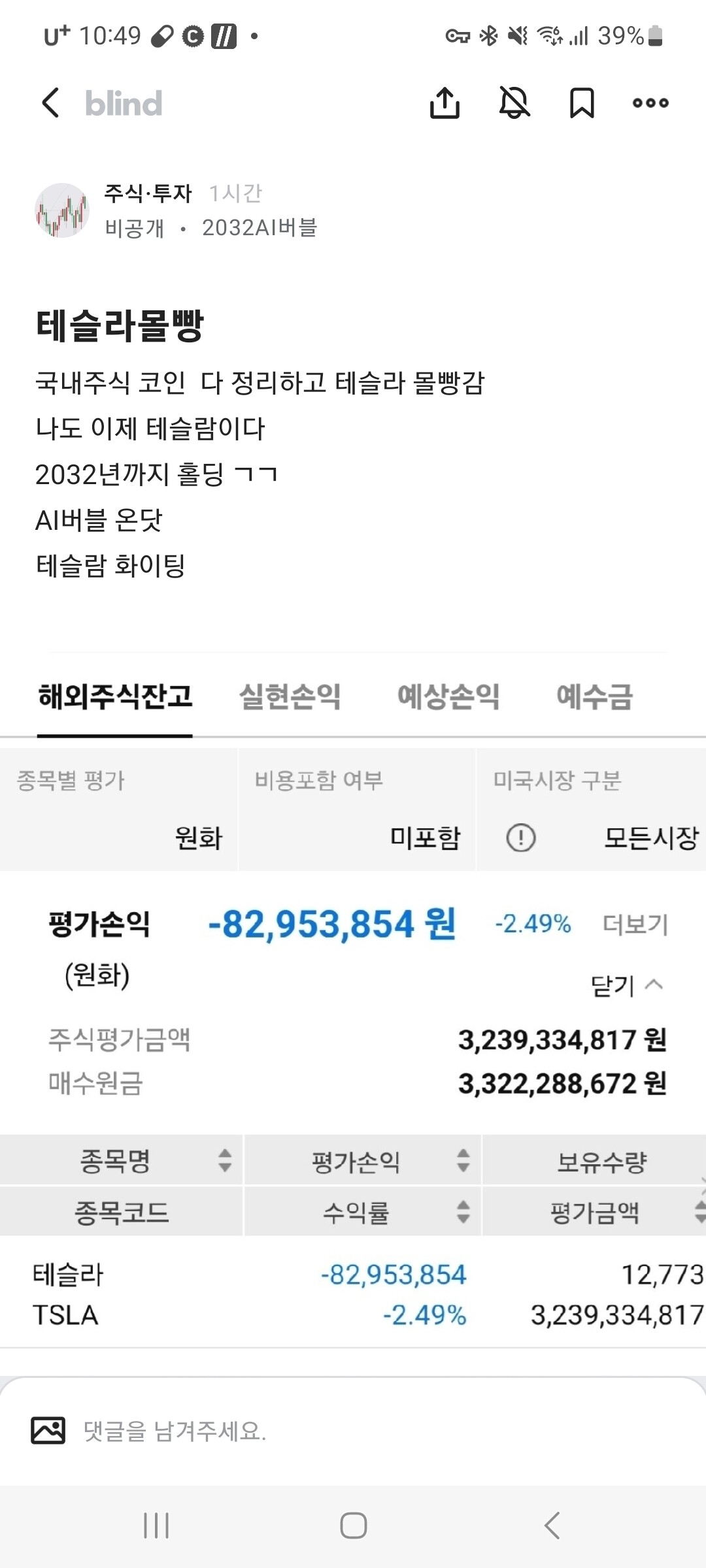 블라인드 | 주식·투자: 지난주 월요일 테슬라 32.4억 들어간 형은 얼마나 기분 째질까?
