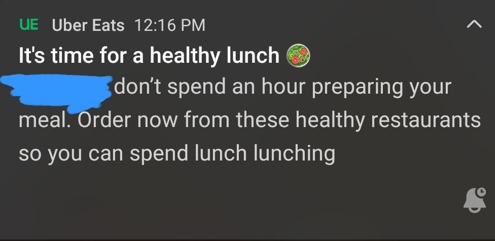 Uber Eats literally telling me to stop cooking